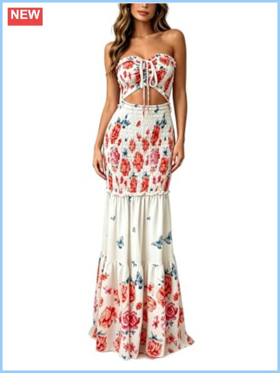 Dresses & Skirts - Floral Bandeau Prom Dress Tie Front Convertible Mermaid Hem Formal Party